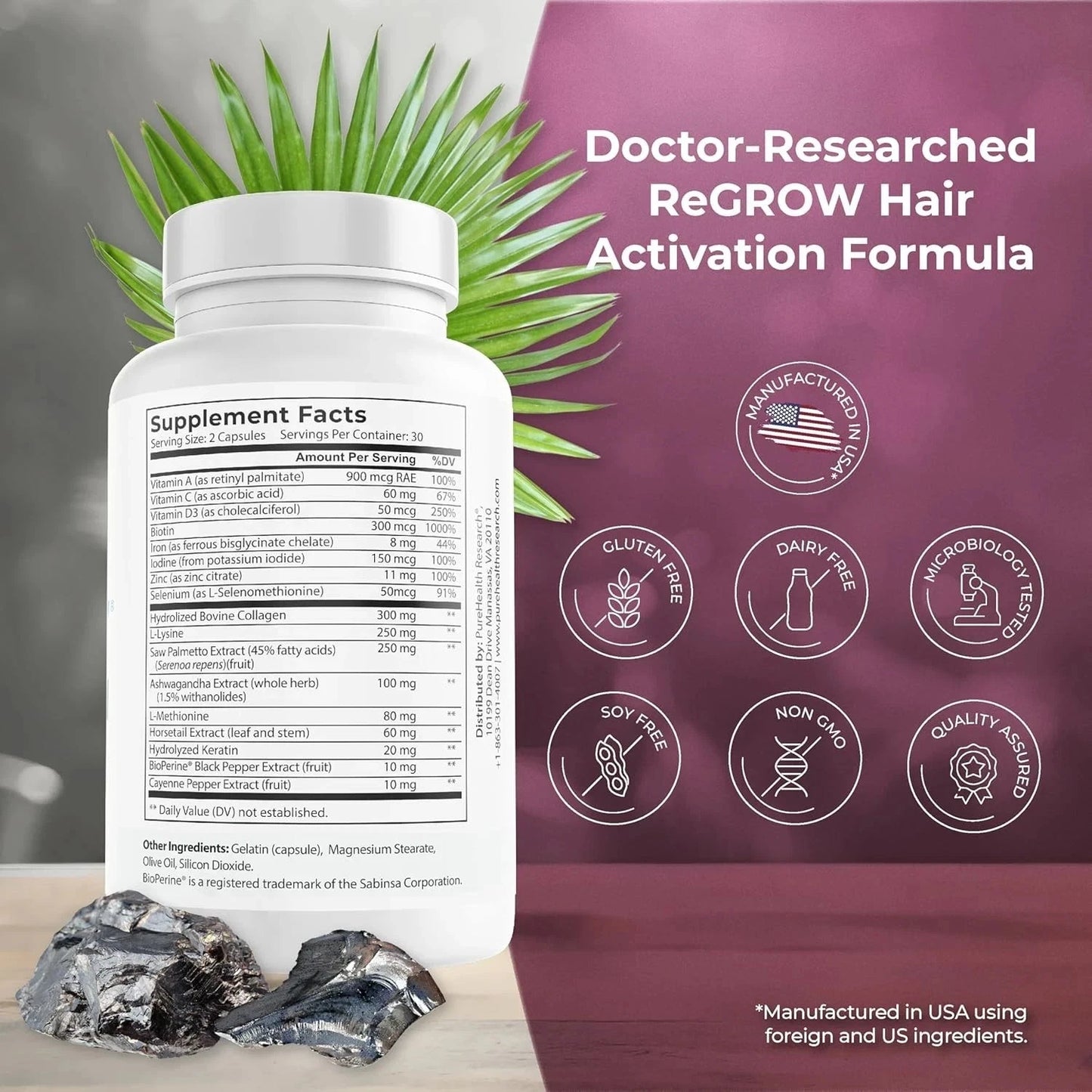 ReGrow Hair Growth Vitamins with Biotin, Hair Supplement by PureHealth Research. 120 capsules