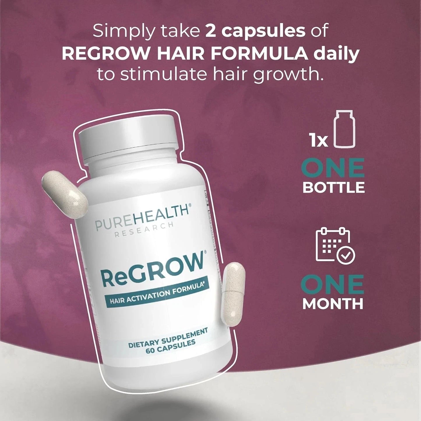 ReGrow Hair Growth Vitamins with Biotin, Hair Supplement by PureHealth Research. 120 capsules